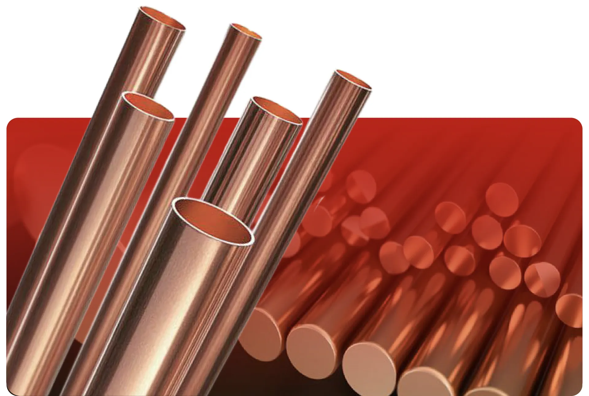 Copper tubes and copper rods on a red background